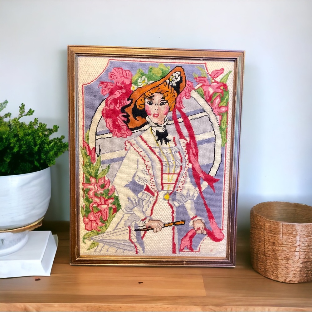Rare vintage tags needlepoint framed woman.  13” x 18”